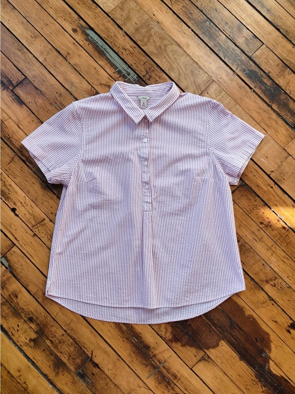 L.L Bean Pink & White Striped Seersucker Short Sleeve Popover Shirt - Picture 9 of 9